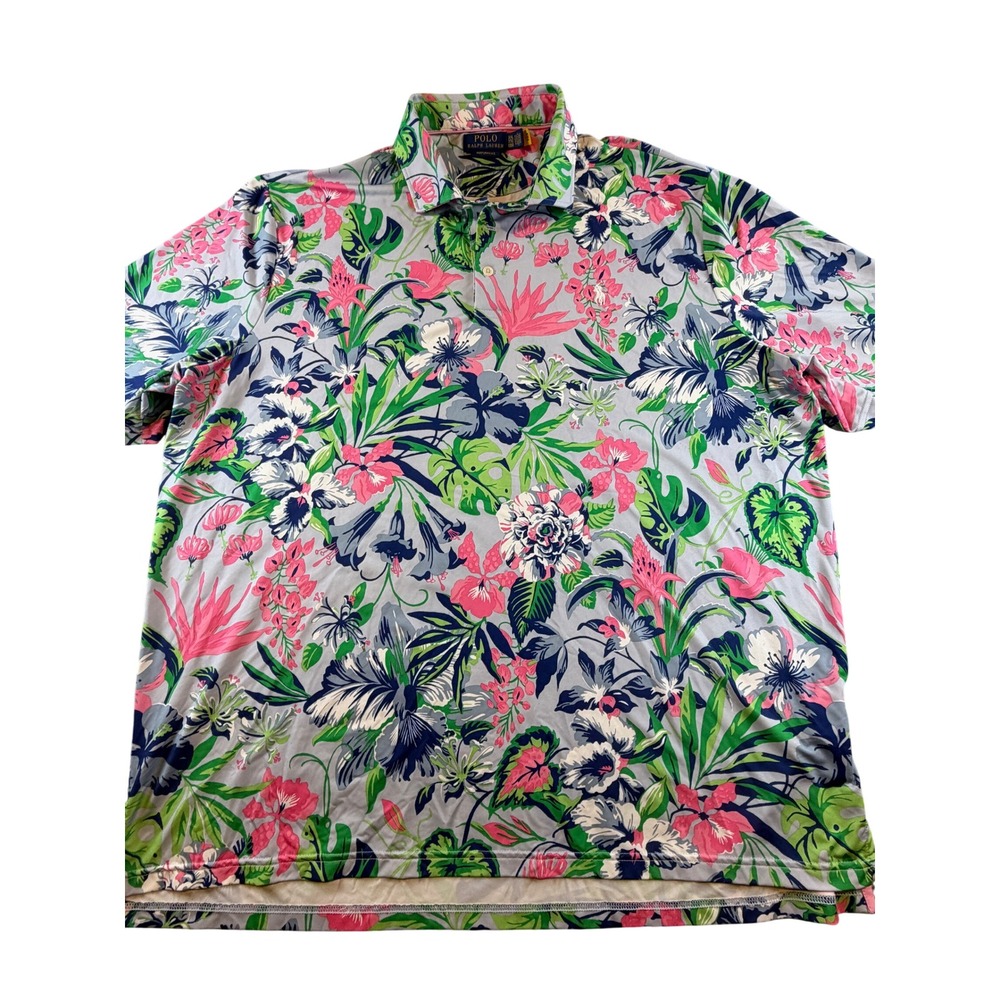 Polo Ralph Lauren Performance Mens XXL Tropical Floral Golf Polo Shirt Grey Pink